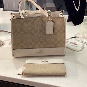 Coach Beige and Cream Signature Satchel with Wallet